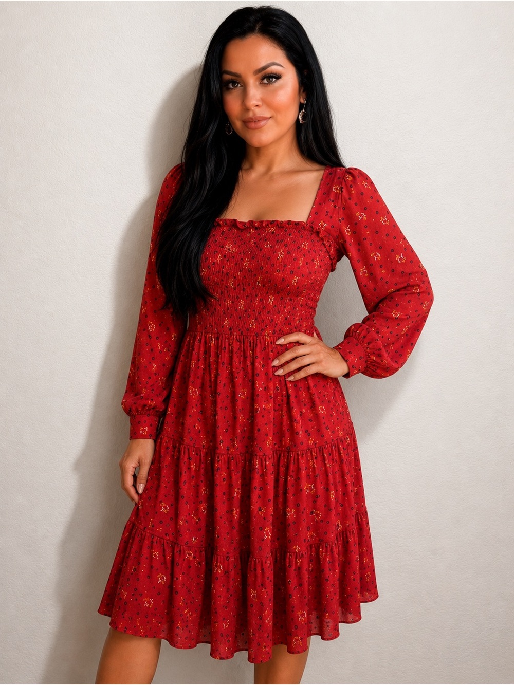 Free People Red Smocked Square-Neck Midi Dress